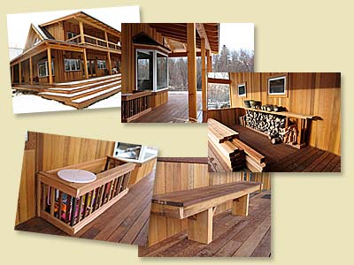 images of red cedar siding, ipe decking and yellow cedar paneling