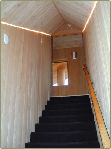 stair completely covered in fir paneling