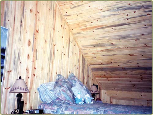 detail of interior pine paneling and ceiling