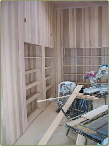 image of built-in shelves matching the red cedar cabinets