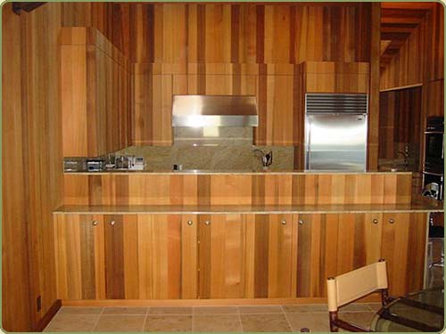 Front view of the kitchen, cabinets and wall matching panels