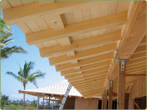 Image of alaskan yellow cedar rafters and soffit while under construction.