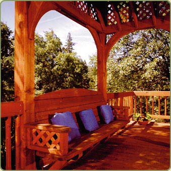 gazebo featuring redwood posts and beams