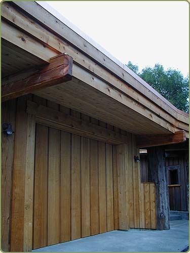 image of western red cedar soffit, also shown are channel siding and posts and beams.