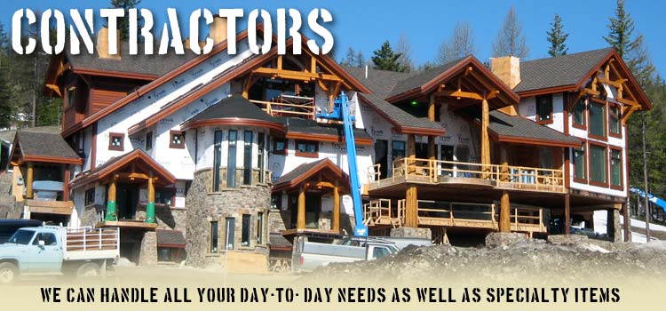 contractors page image showing a lodge project that used timbers red cedar siding and roofing shakes