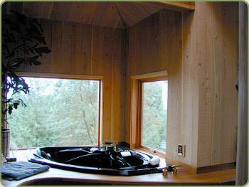 Teak paneling around this sunken ttub