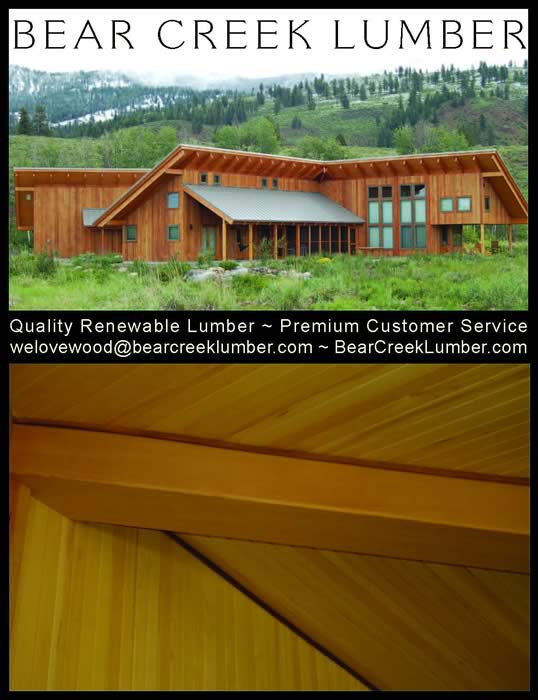 Bear Creek Lumber ad in Architectural Record Magazine. Products shown are Western Red Cedar (wrc), Tongue & Groove (T&G) siding, and Alaskan Yellow Cedar (AYC) Interior paneling, ceiling paneling, and Douglas fir boards wrapping a structural beam.
